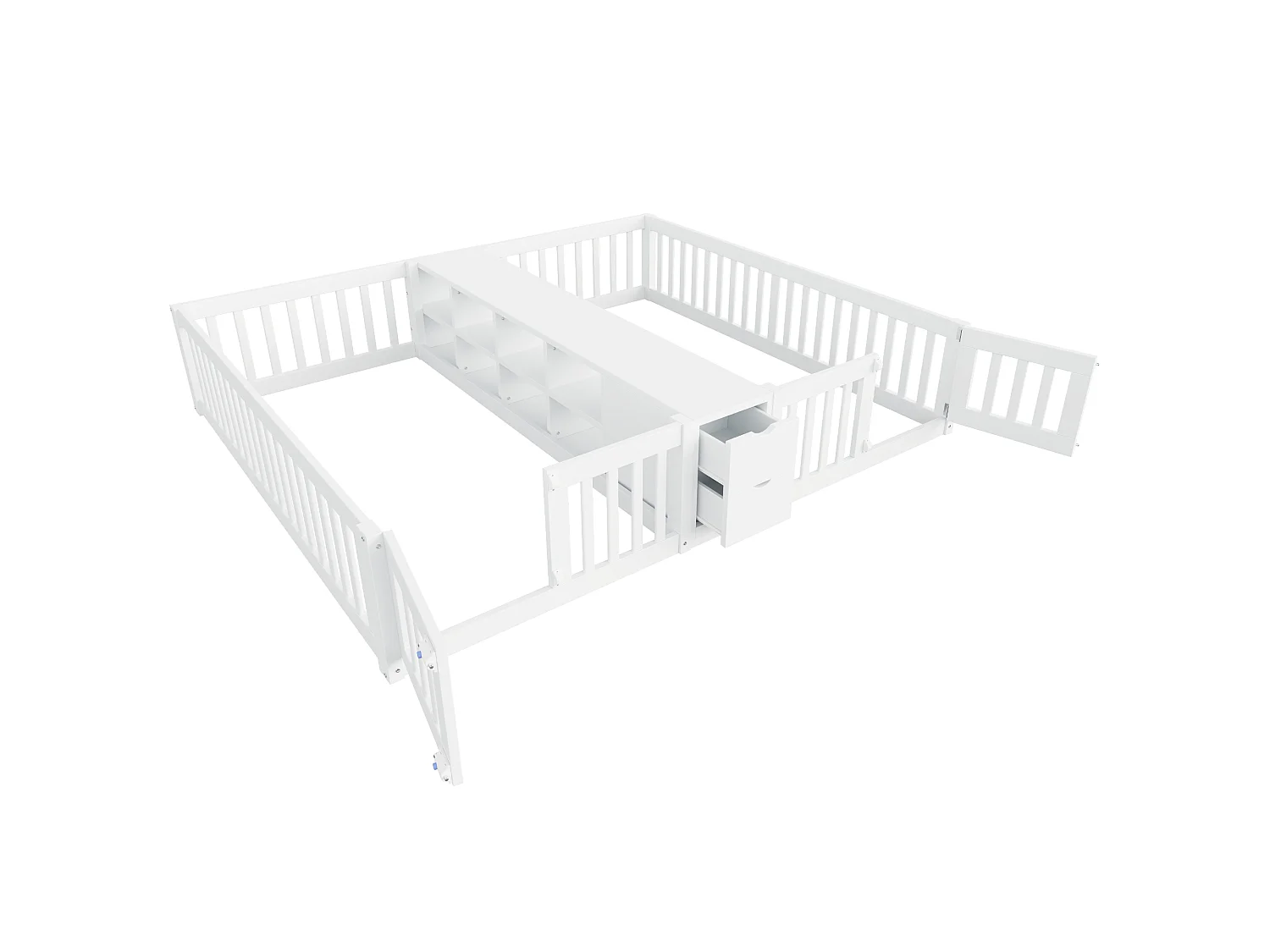 Cadre de lit enfant double - 2 x 90 x 200 cm - avec tiroir + étagère de rangement - sans sommier à lattes - bois - blanc