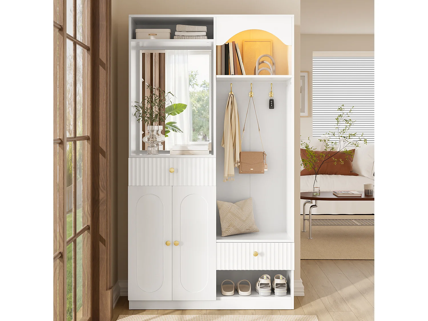 Vestiaire d'entrée - 100 x 35 x 180 cm - avec miroir + banc + meuble à chaussures + tiroirs - MDF - blanc