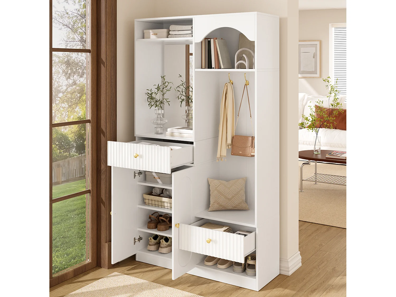 Vestiaire d'entrée - 100 x 35 x 180 cm - avec miroir + banc + meuble à chaussures + tiroirs - MDF - blanc