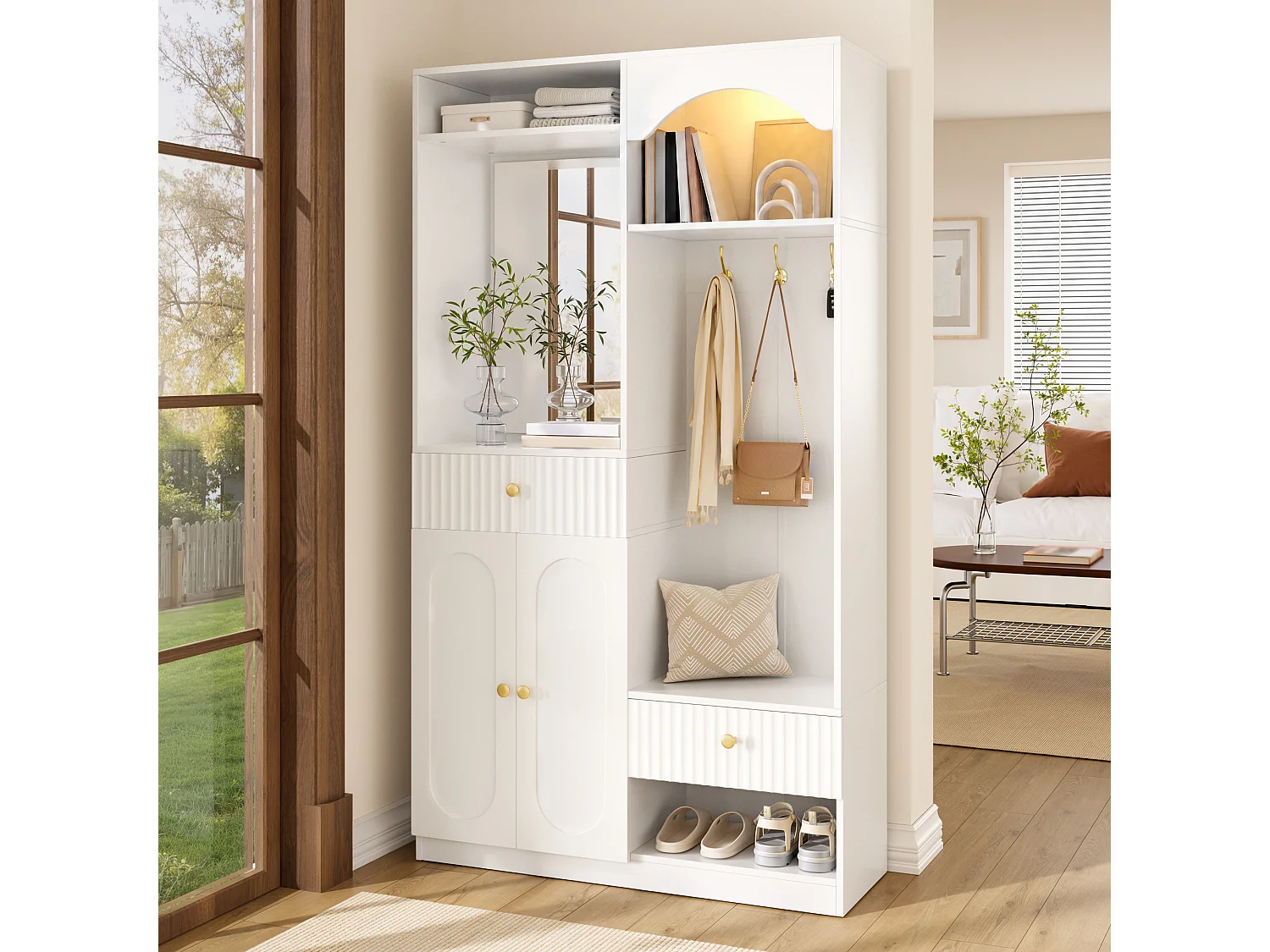 Vestiaire d'entrée - 100 x 35 x 180 cm - avec miroir + banc + meuble à chaussures + tiroirs - MDF - blanc