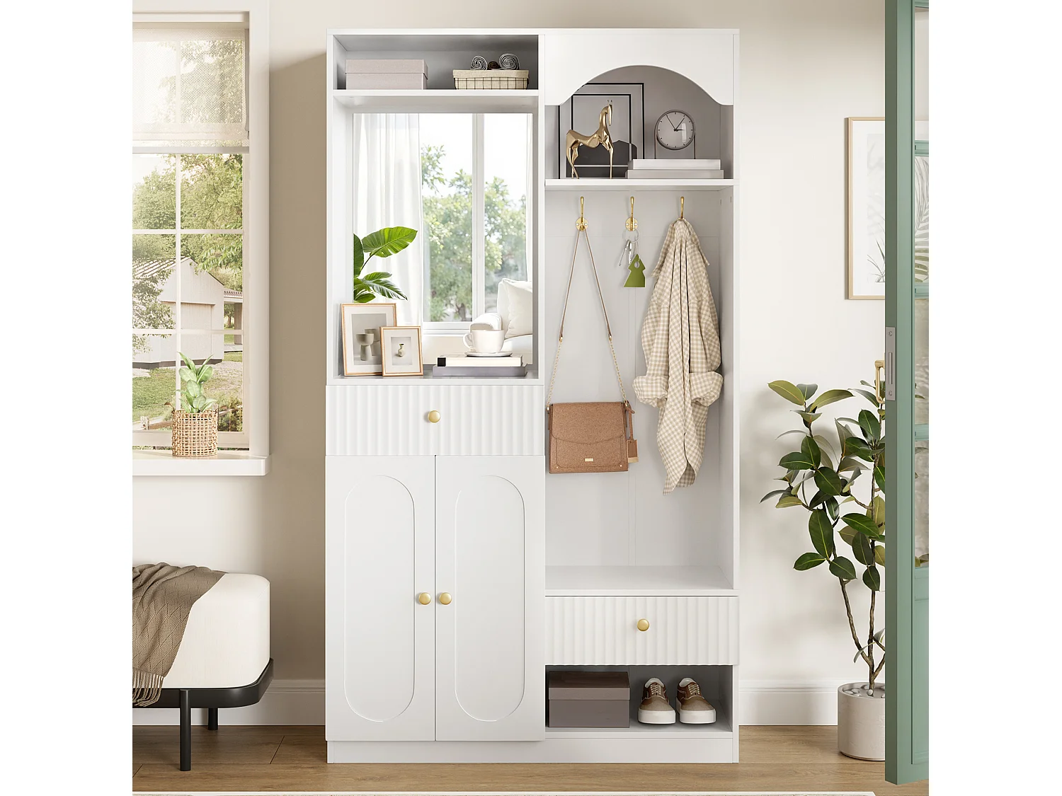Vestiaire d'entrée - 100 x 35 x 180 cm - avec miroir + banc + meuble à chaussures + tiroirs - MDF - blanc