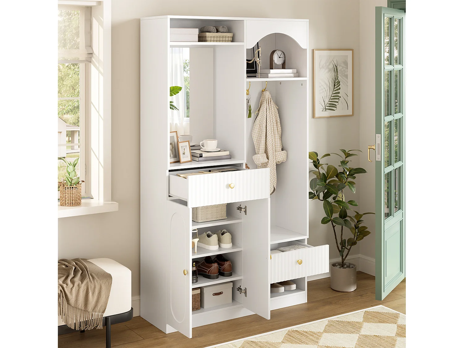 Vestiaire d'entrée - 100 x 35 x 180 cm - avec miroir + banc + meuble à chaussures + tiroirs - MDF - blanc