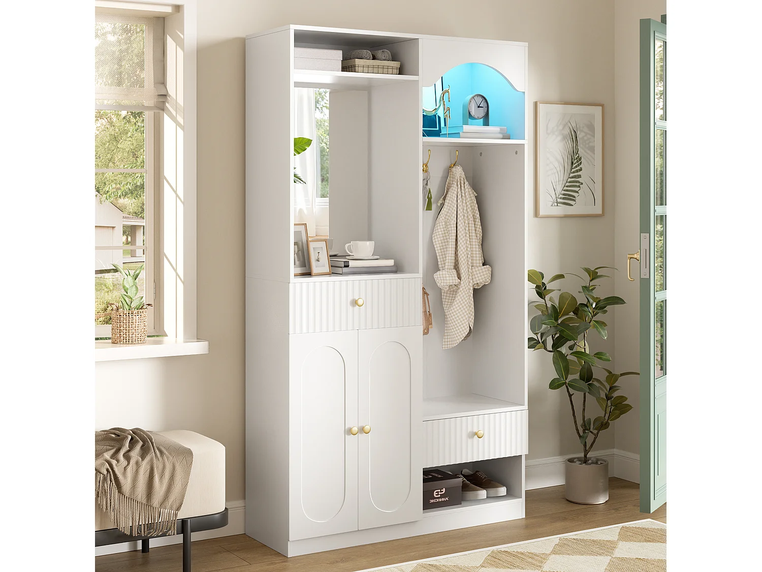 Vestiaire d'entrée - 100 x 35 x 180 cm - avec miroir + banc + meuble à chaussures + tiroirs - MDF - blanc