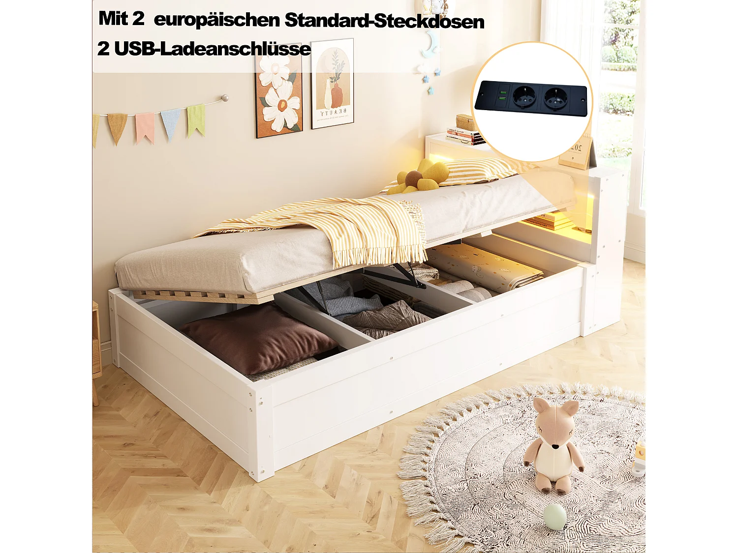 Canapé-lit avec coffre hydraulique - 90 x 200 cm - avec prise + tête de lit de rangement + Leds - bois - blanc