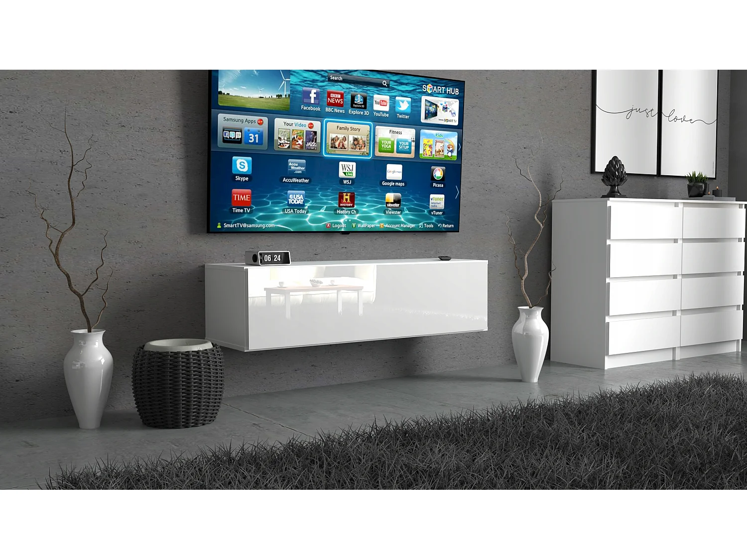 NOWOCZESNA WISZĄCA SZAFKA RTV 140 CM BIAŁA POŁYSK