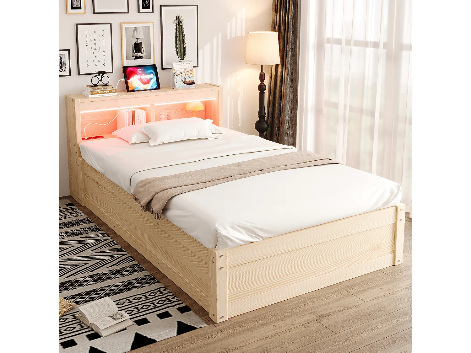 Canapé-lit avec coffre hydraulique - 90 x 200 cm - avec prise + tête de lit de rangement + Leds - bois - naturel