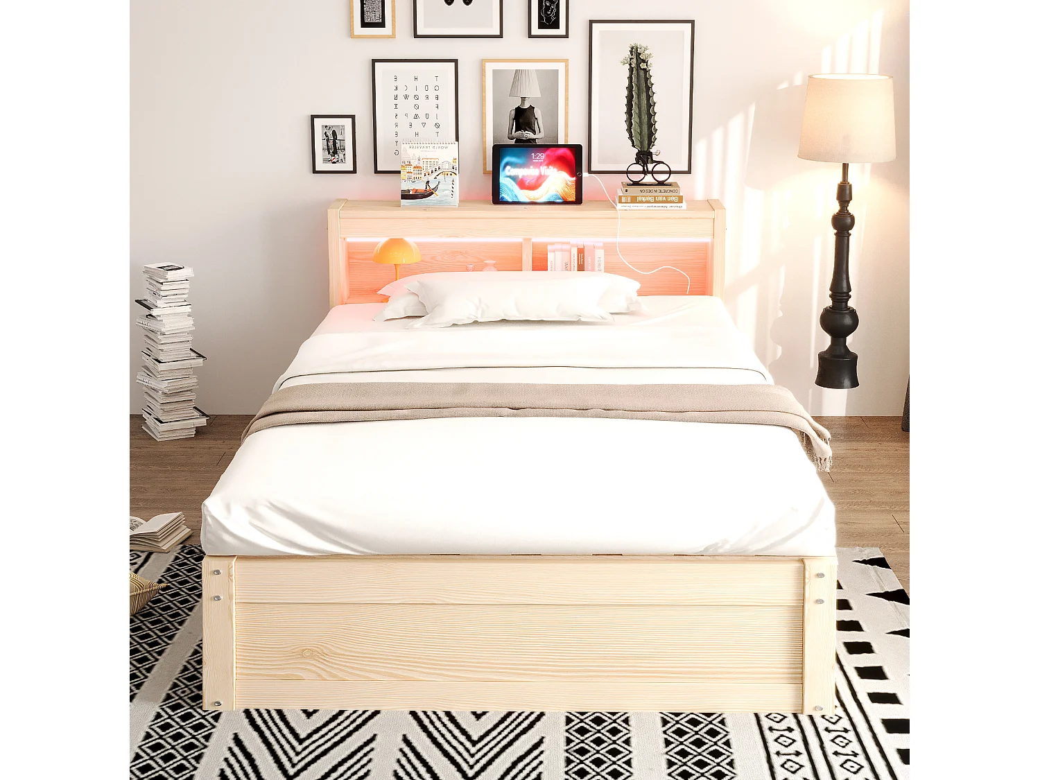Canapé-lit avec coffre hydraulique - 90 x 200 cm - avec prise + tête de lit de rangement + Leds - bois - naturel