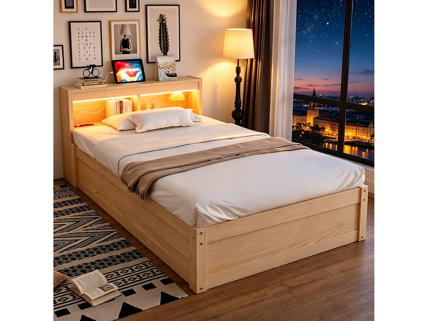 Canapé-lit avec coffre hydraulique - 90 x 200 cm - avec prise + tête de lit de rangement + Leds - bois - naturel