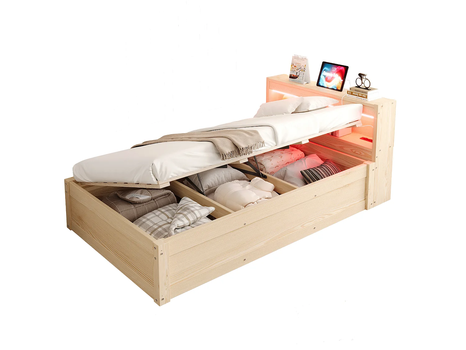 Canapé-lit avec coffre hydraulique - 90 x 200 cm - avec prise + tête de lit de rangement + Leds - bois - naturel