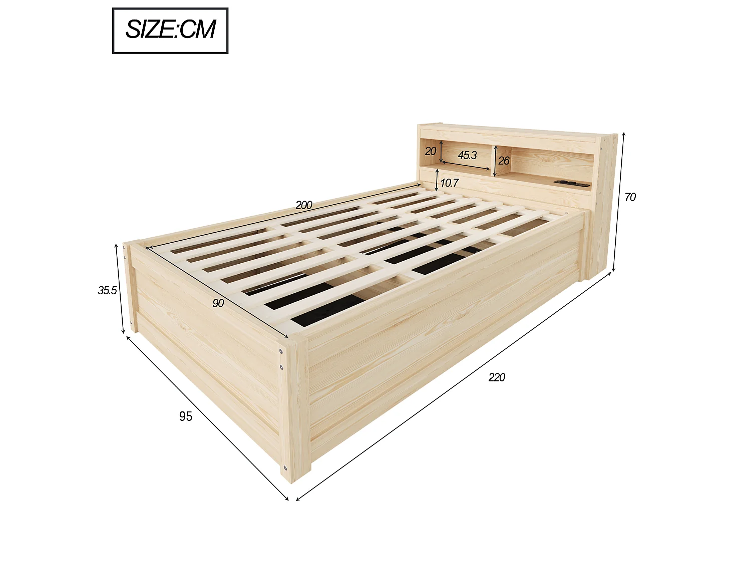 Canapé-lit avec coffre hydraulique - 90 x 200 cm - avec prise + tête de lit de rangement + Leds - bois - naturel