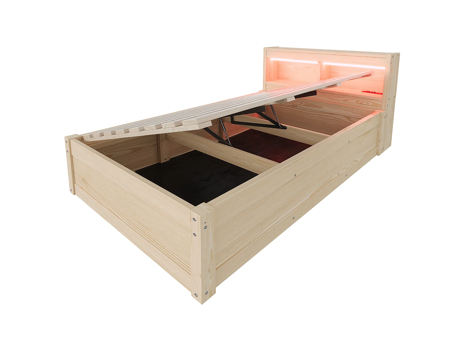 Canapé-lit avec coffre hydraulique - 90 x 200 cm - avec prise + tête de lit de rangement + Leds - bois - naturel