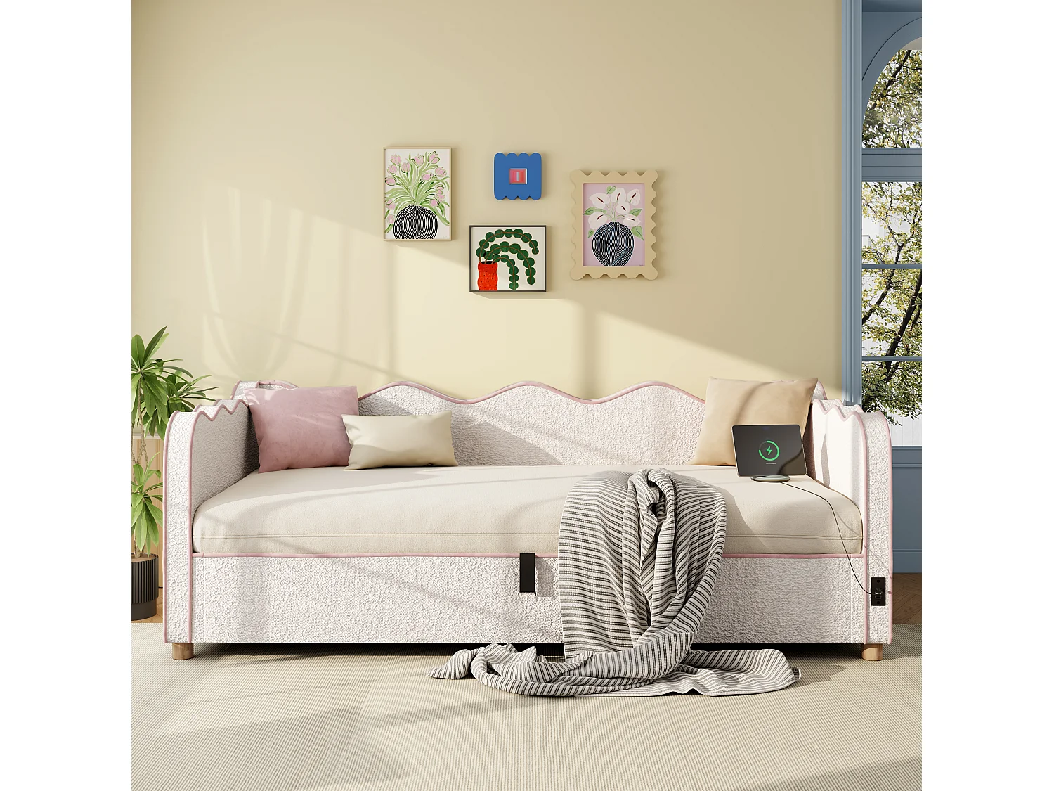 Lit banquette coffre - 90 x 200 cm - avec rangement hydraulique + USB + dossier - bouclé - beige
