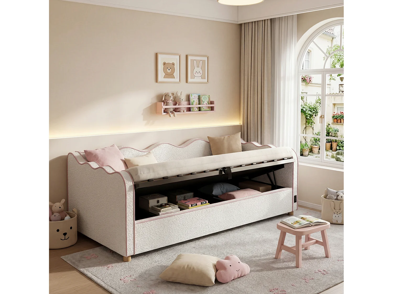 Lit banquette coffre - 90 x 200 cm - avec rangement hydraulique + USB + dossier - bouclé - beige