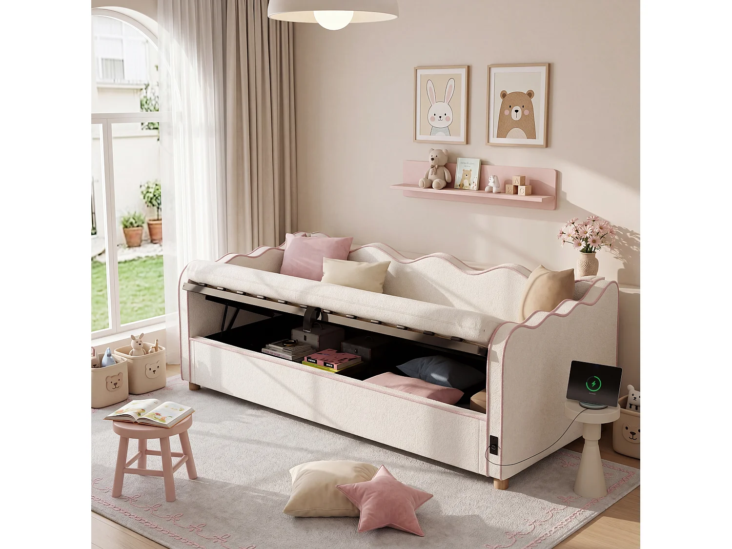 Lit banquette coffre - 90 x 200 cm - avec rangement hydraulique + USB + dossier - bouclé - beige