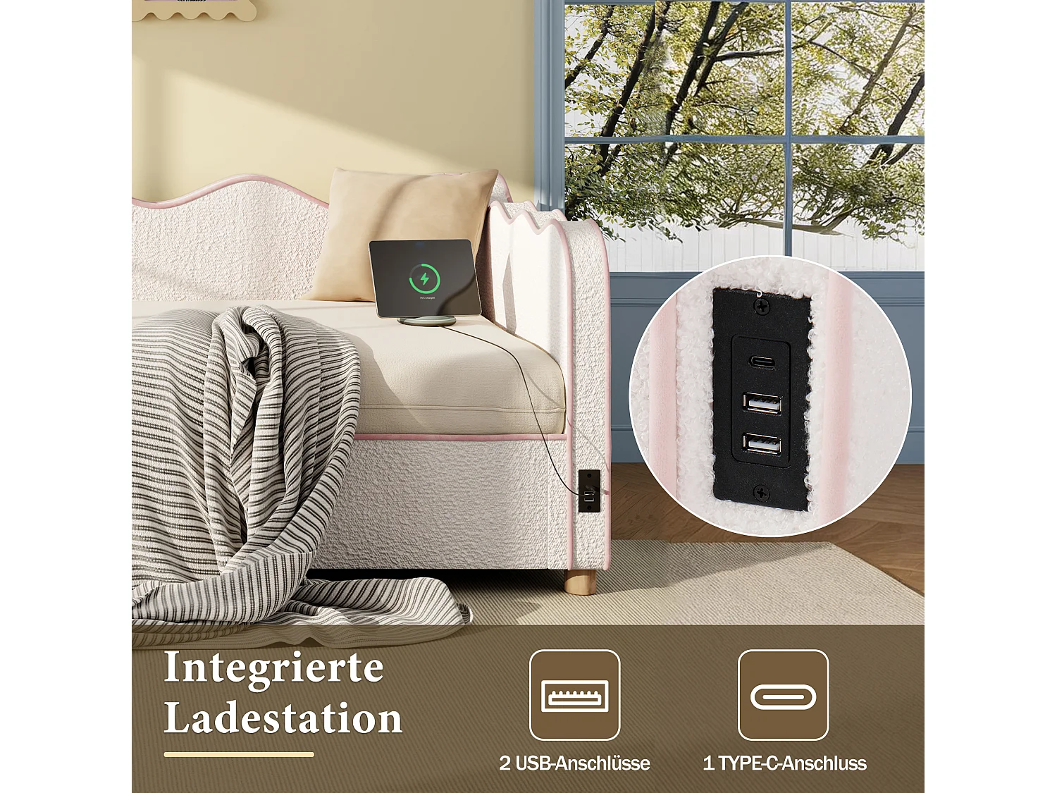Lit banquette coffre - 90 x 200 cm - avec rangement hydraulique + USB + dossier - bouclé - beige