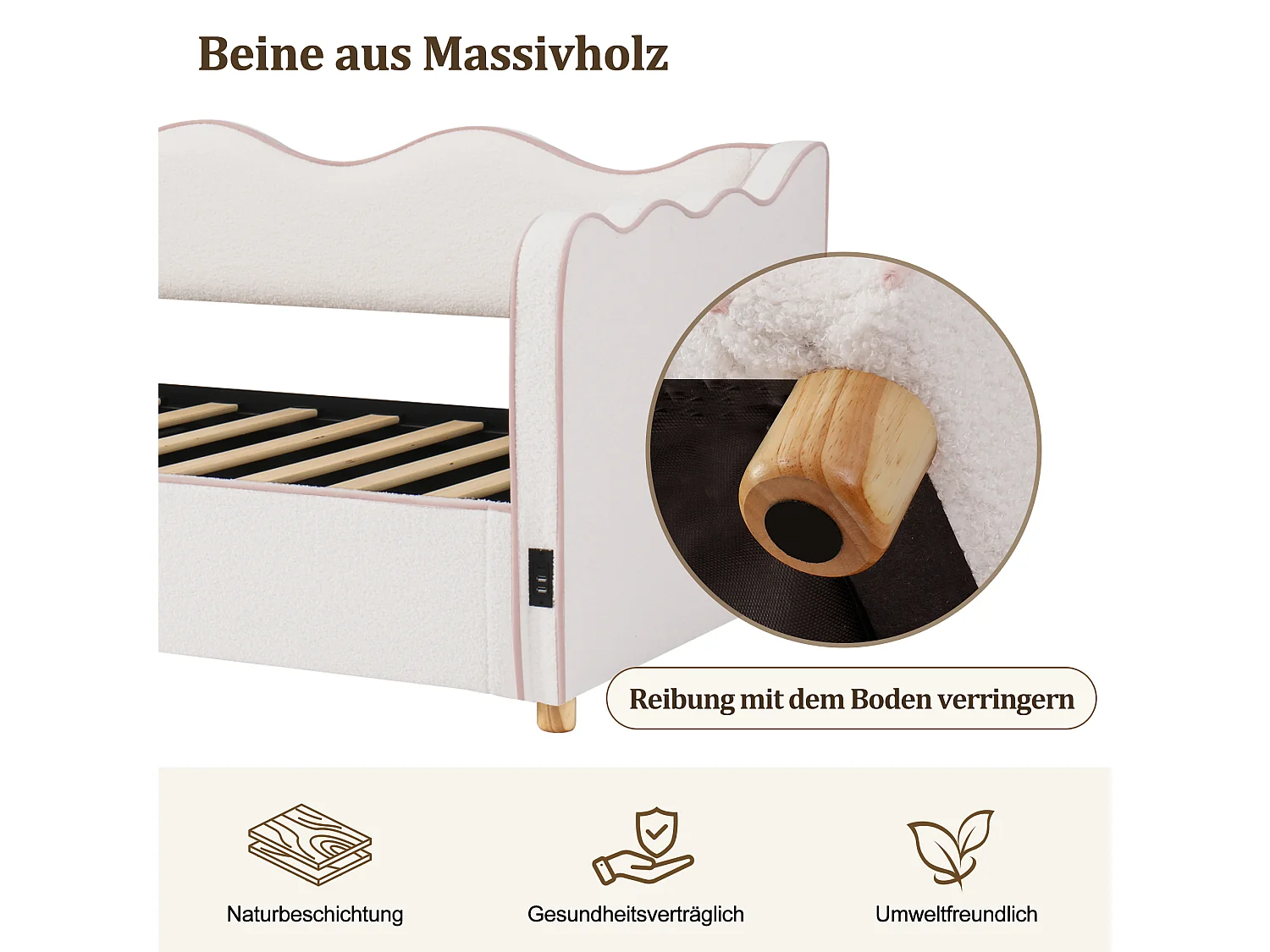 Lit banquette coffre - 90 x 200 cm - avec rangement hydraulique + USB + dossier - bouclé - beige