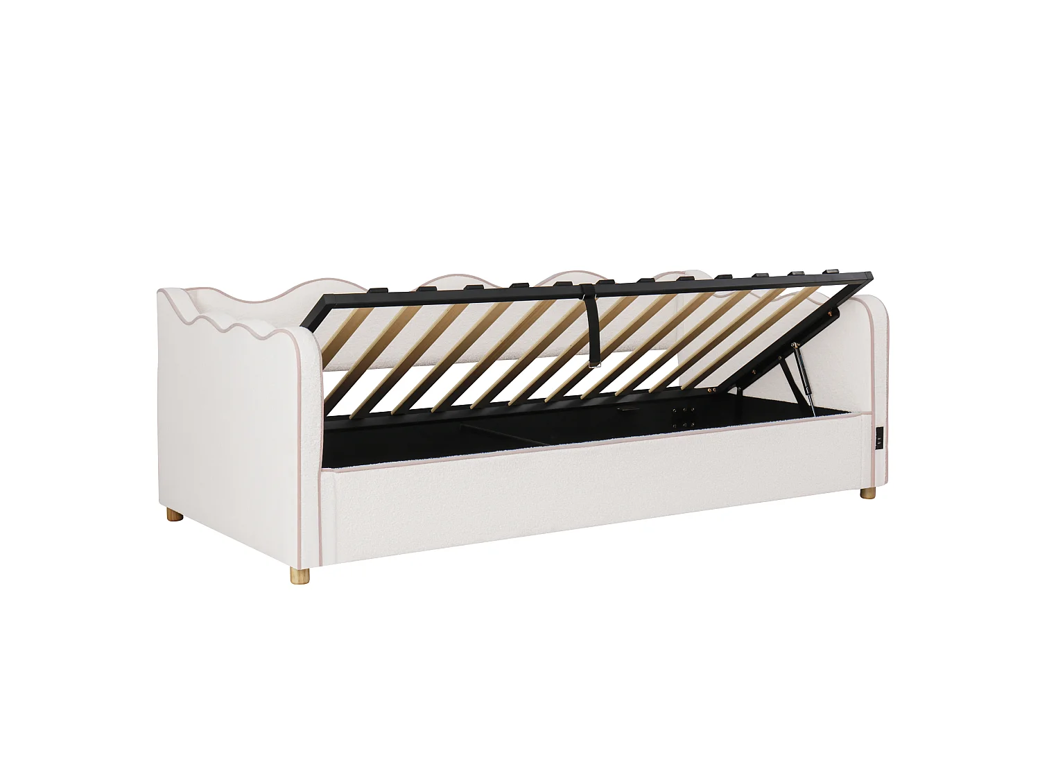 Lit banquette coffre - 90 x 200 cm - avec rangement hydraulique + USB + dossier - bouclé - beige