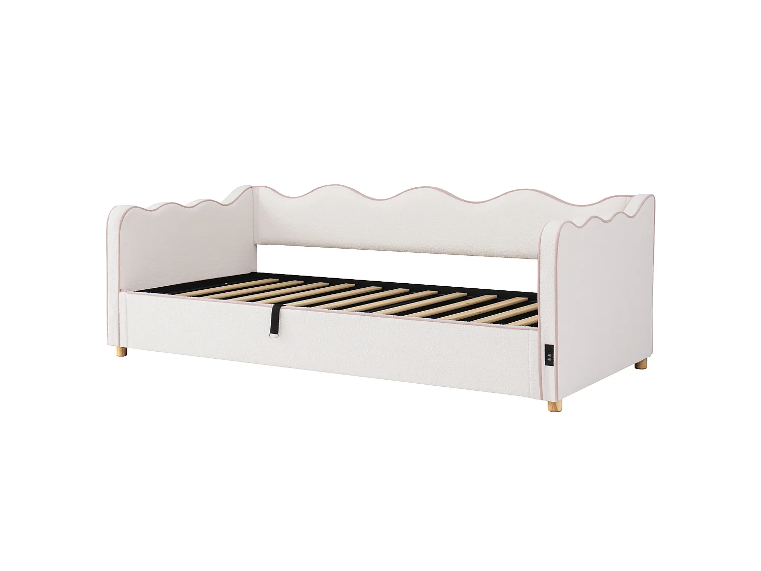 Lit banquette coffre - 90 x 200 cm - avec rangement hydraulique + USB + dossier - bouclé - beige
