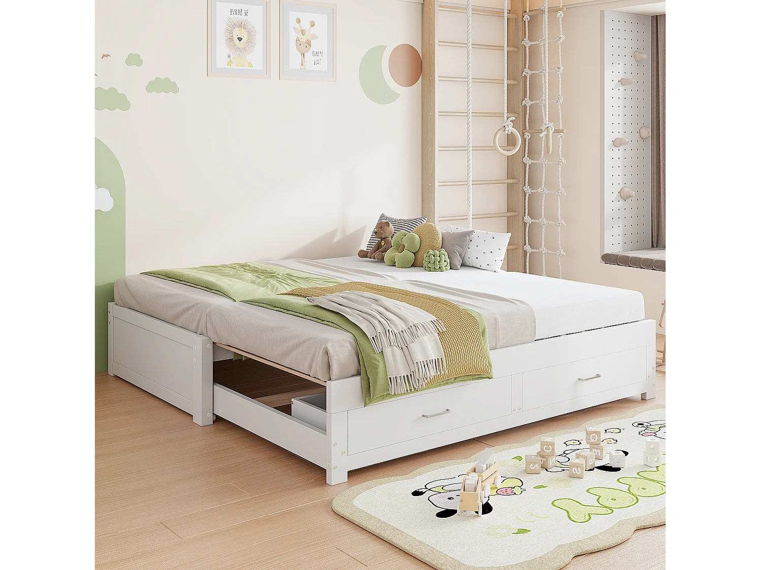 Canapé-lit extensible en bois - 90/180 x 190 cm - avec 2 tiroirs + sommier à lattes + lit gigogne - blanc