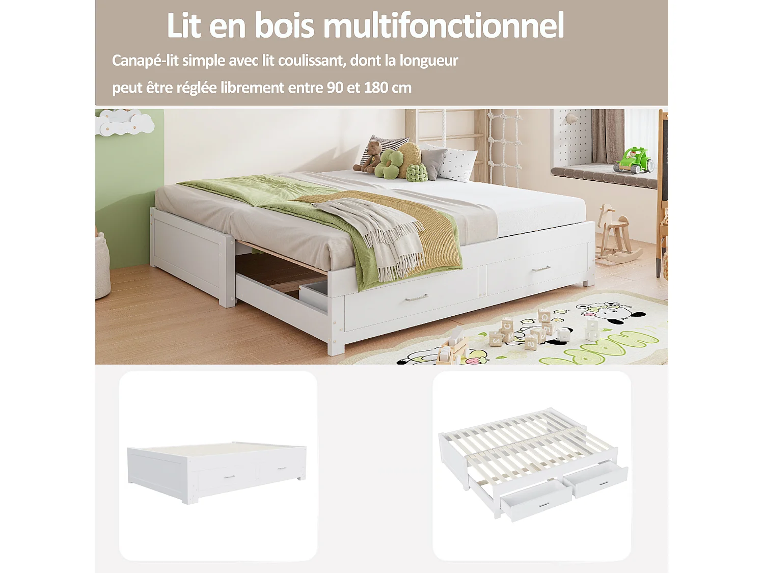 Canapé-lit extensible en bois - 90/180 x 190 cm - avec 2 tiroirs + sommier à lattes + lit gigogne - blanc