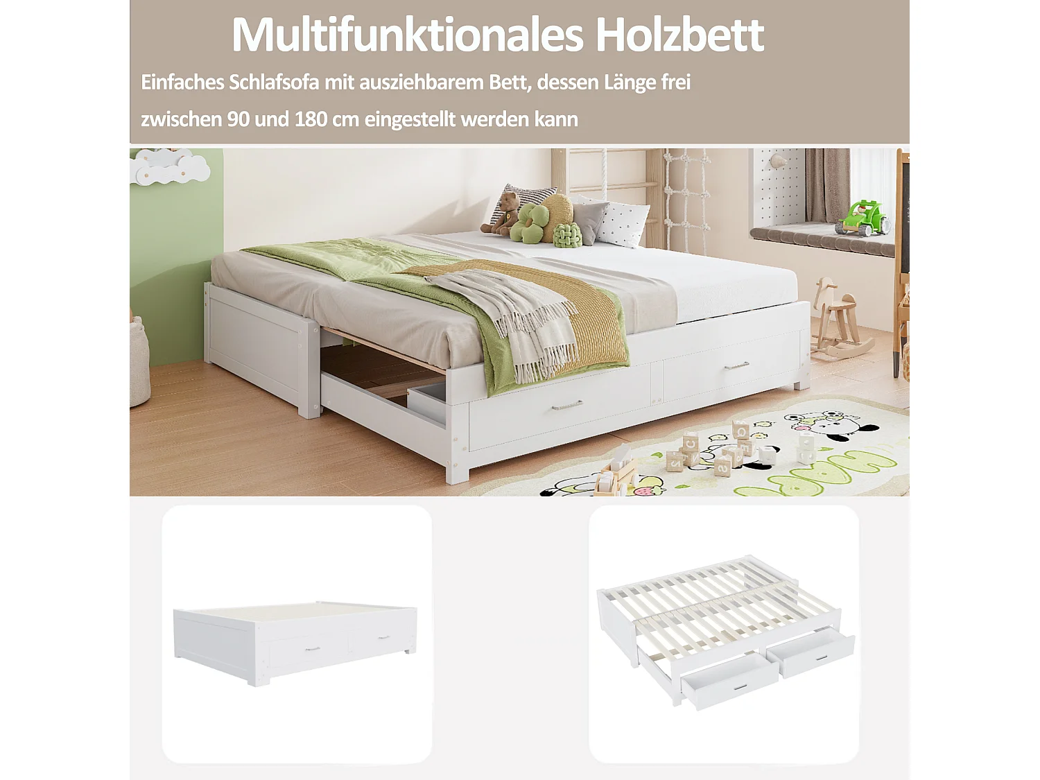 Canapé-lit extensible en bois - 90/180 x 190 cm - avec 2 tiroirs + sommier à lattes + lit gigogne - blanc