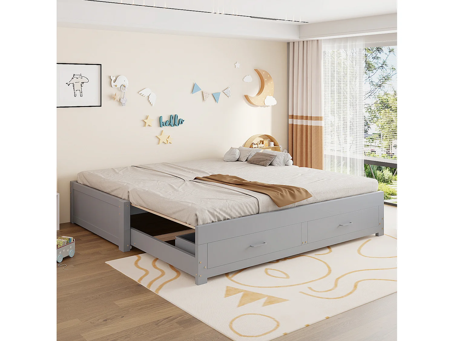 Canapé-lit extensible en bois - 90/180 x 190 cm - avec 2 tiroirs + sommier à lattes + lit gigogne - gris