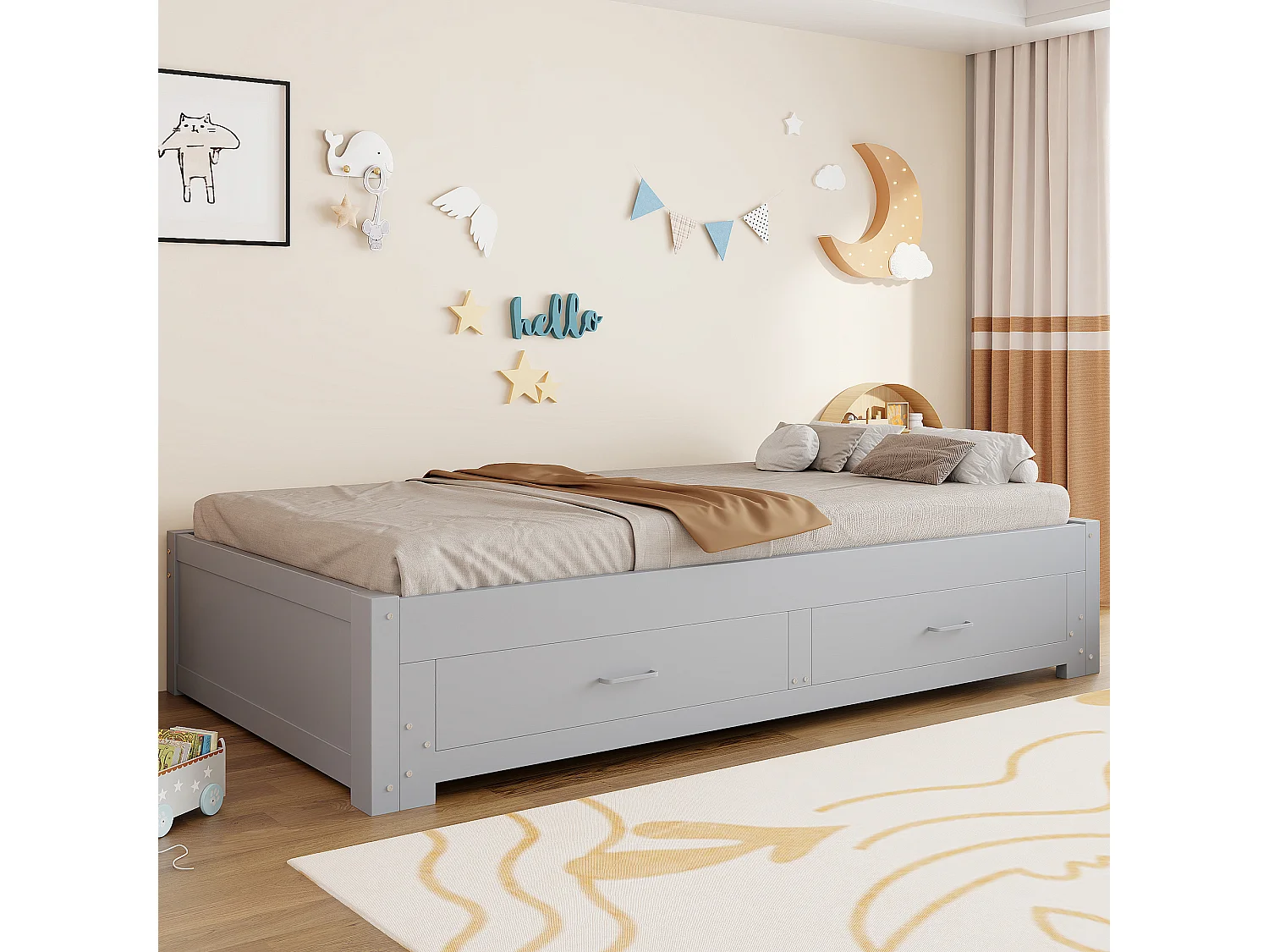 Canapé-lit extensible en bois - 90/180 x 190 cm - avec 2 tiroirs + sommier à lattes + lit gigogne - gris