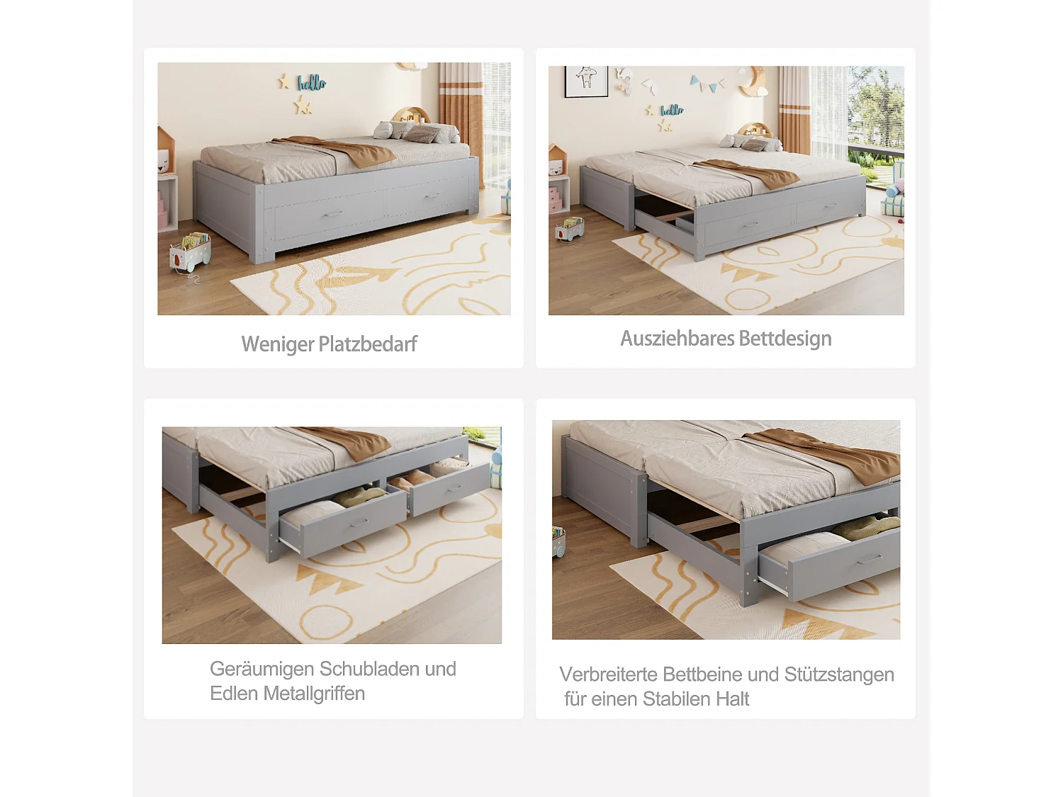 Canapé-lit extensible en bois - 90/180 x 190 cm - avec 2 tiroirs + sommier à lattes + lit gigogne - gris