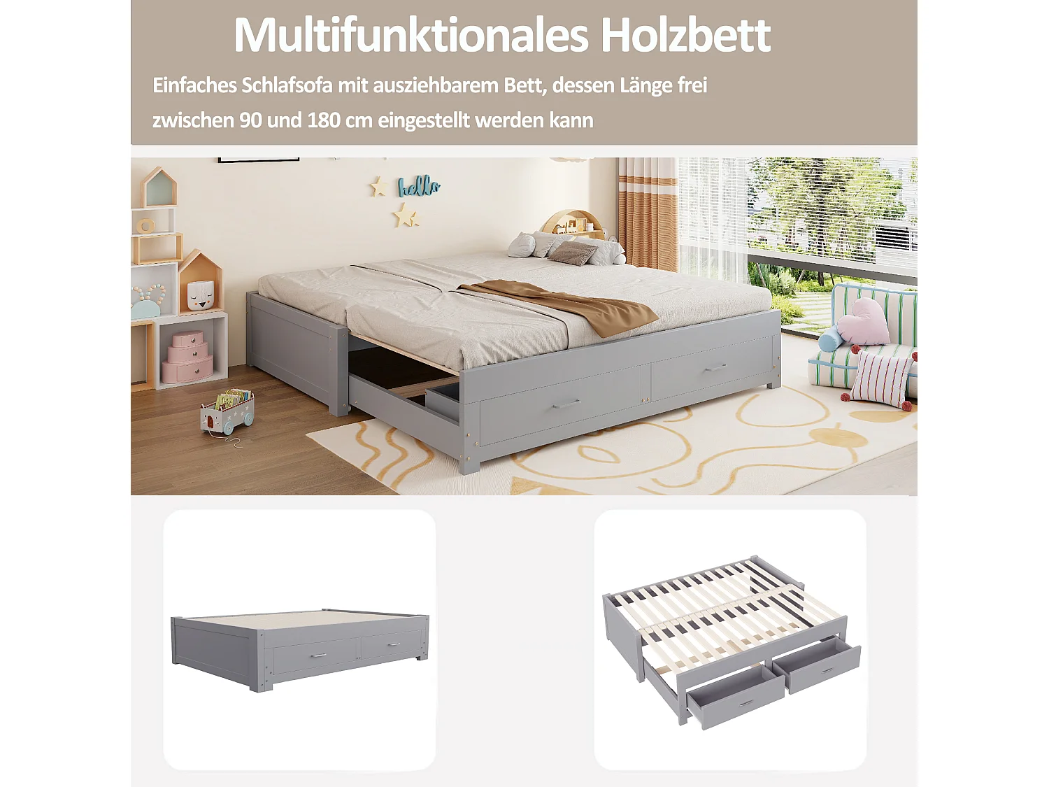 Canapé-lit extensible en bois - 90/180 x 190 cm - avec 2 tiroirs + sommier à lattes + lit gigogne - gris