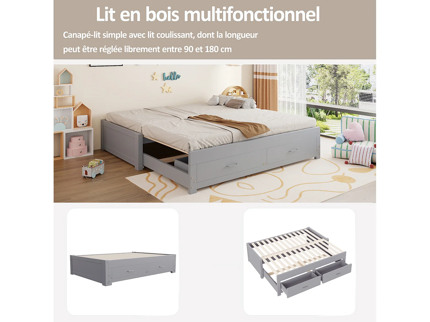 Canapé-lit extensible en bois - 90/180 x 190 cm - avec 2 tiroirs + sommier à lattes + lit gigogne - gris