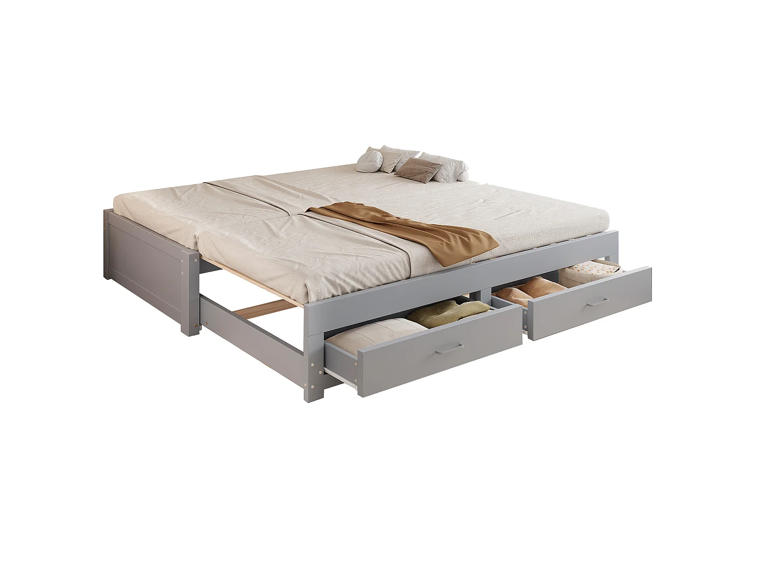 Canapé-lit extensible en bois - 90/180 x 190 cm - avec 2 tiroirs + sommier à lattes + lit gigogne - gris