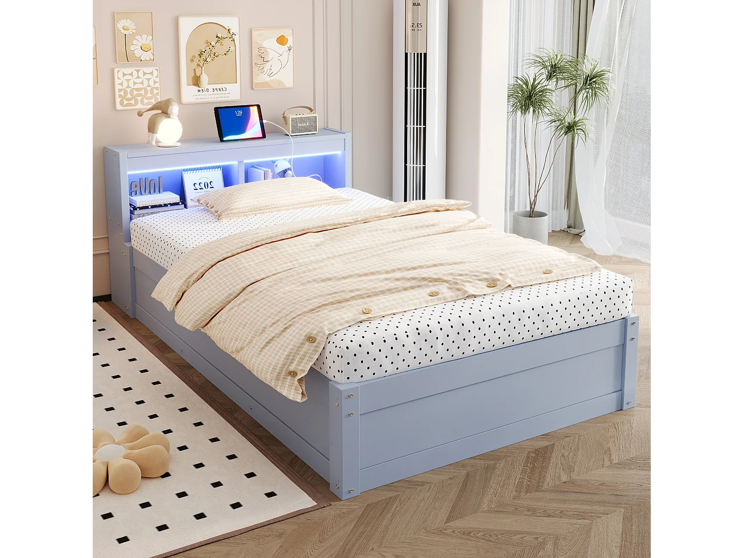 Canapé-lit avec coffre hydraulique - 90 x 200 cm - avec prise + tête de lit de rangement + Leds - bois - gris