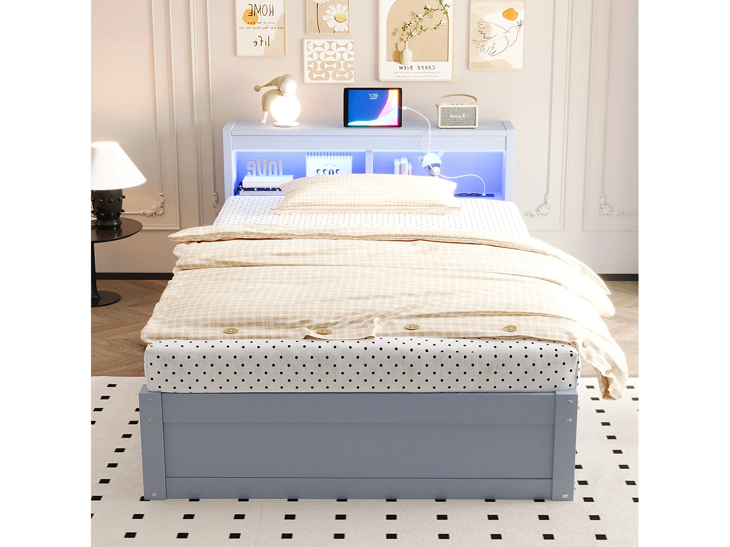 Canapé-lit avec coffre hydraulique - 90 x 200 cm - avec prise + tête de lit de rangement + Leds - bois - gris