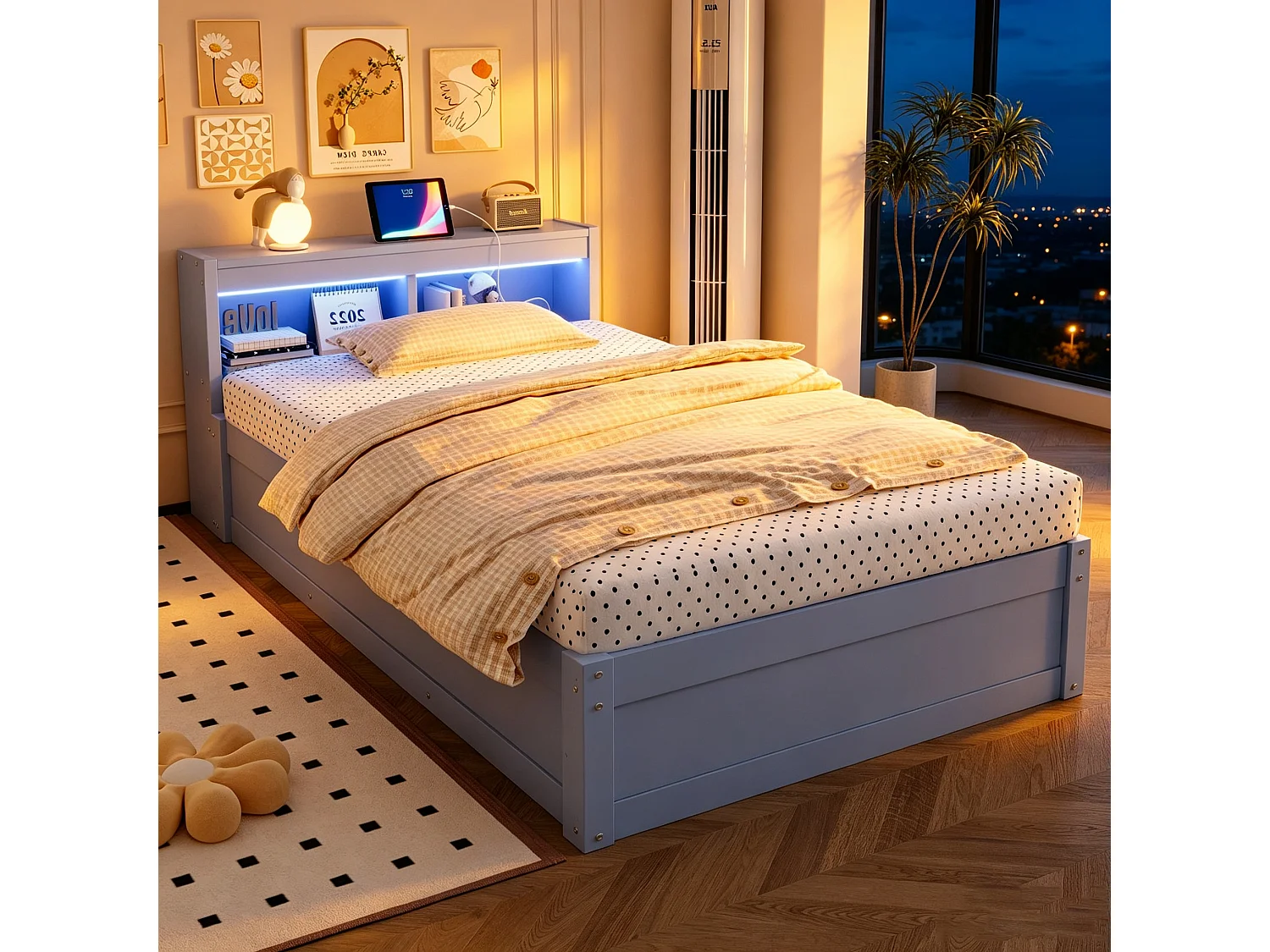 Canapé-lit avec coffre hydraulique - 90 x 200 cm - avec prise + tête de lit de rangement + Leds - bois - gris