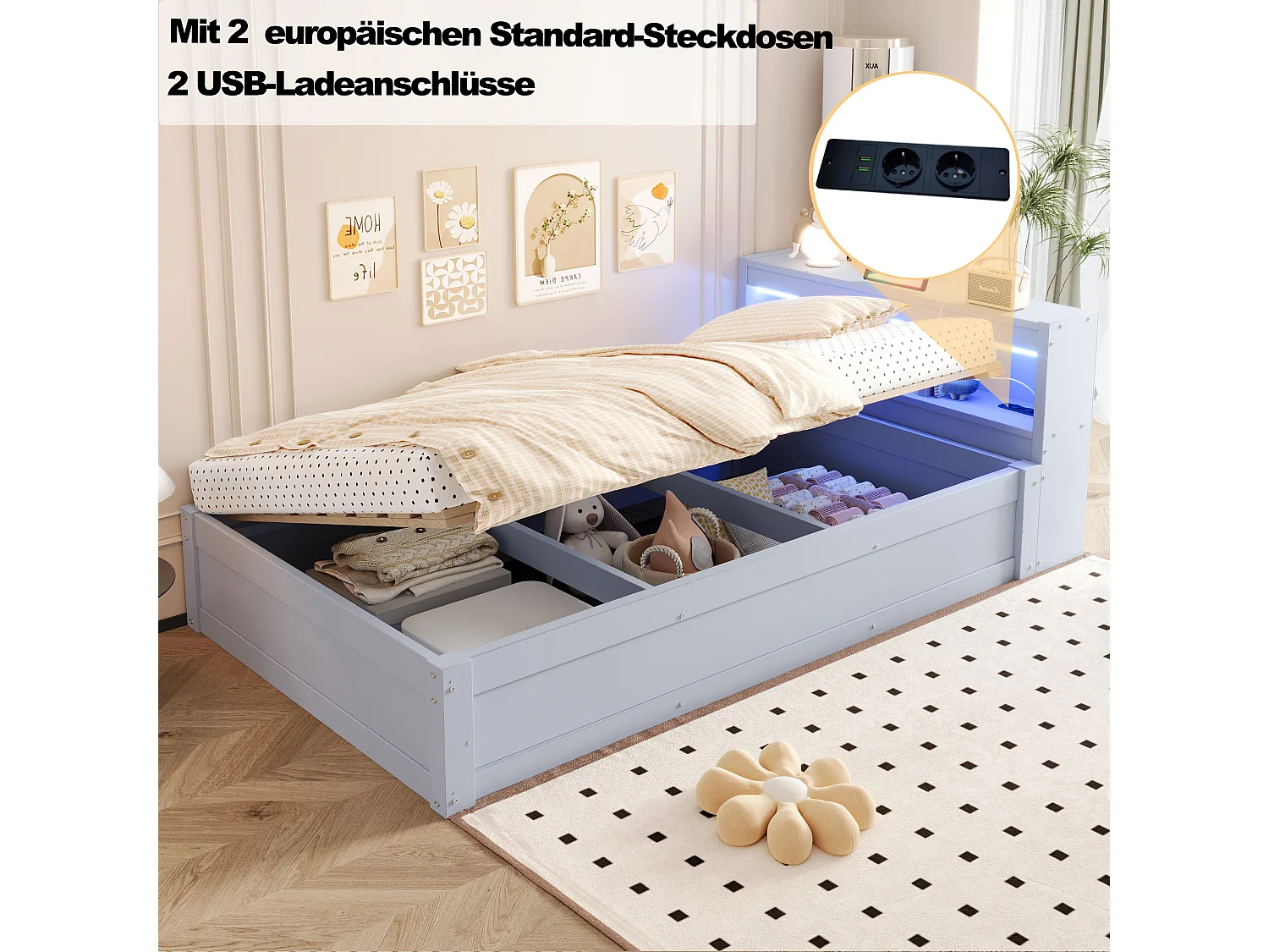 Canapé-lit avec coffre hydraulique - 90 x 200 cm - avec prise + tête de lit de rangement + Leds - bois - gris
