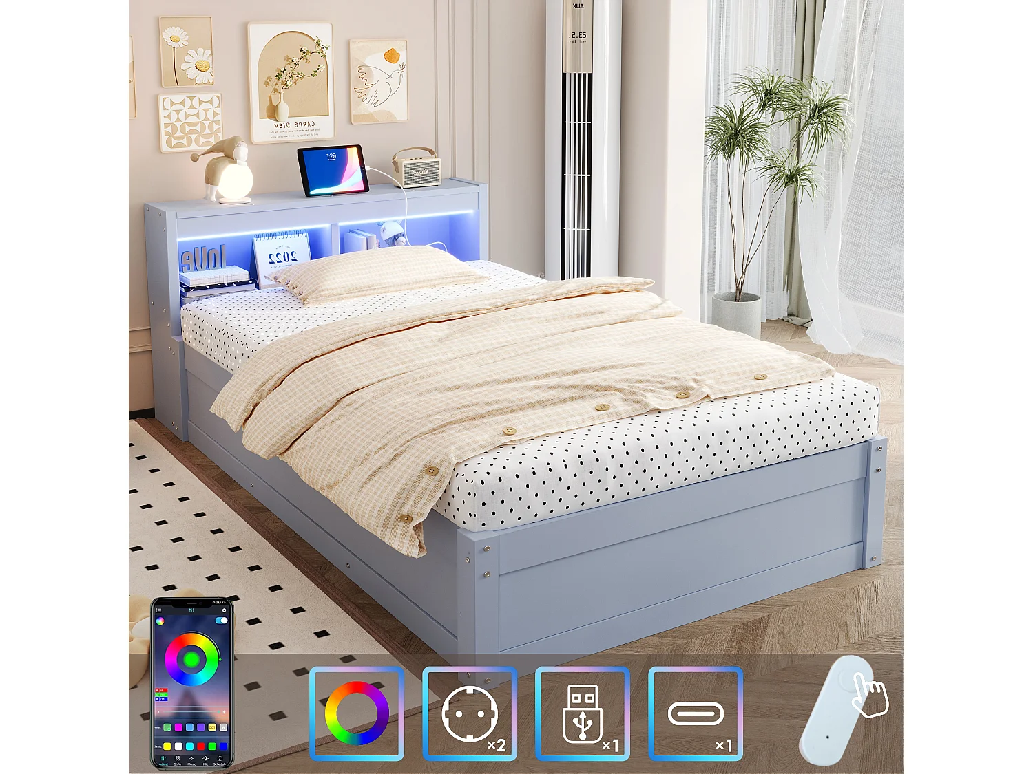 Canapé-lit avec coffre hydraulique - 90 x 200 cm - avec prise + tête de lit de rangement + Leds - bois - gris