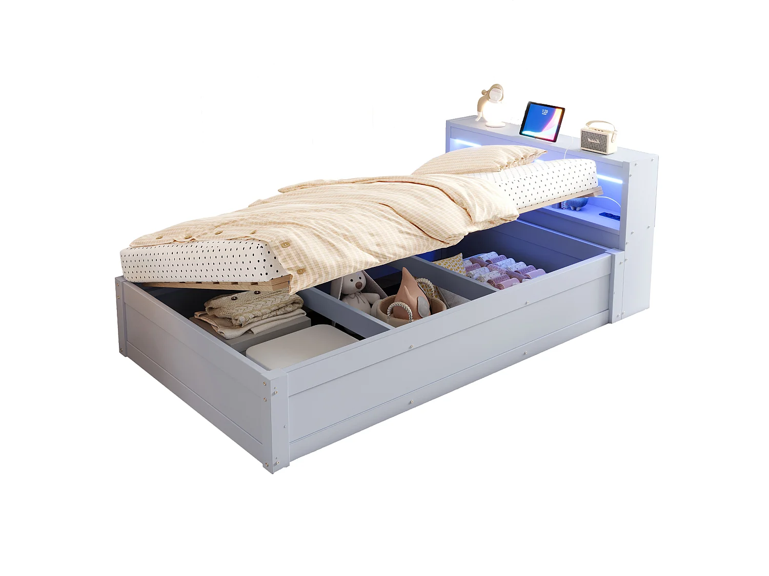 Canapé-lit avec coffre hydraulique - 90 x 200 cm - avec prise + tête de lit de rangement + Leds - bois - gris