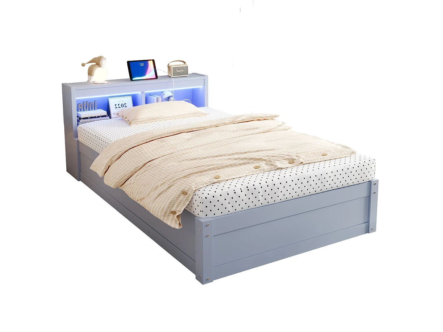 Canapé-lit avec coffre hydraulique - 90 x 200 cm - avec prise + tête de lit de rangement + Leds - bois - gris