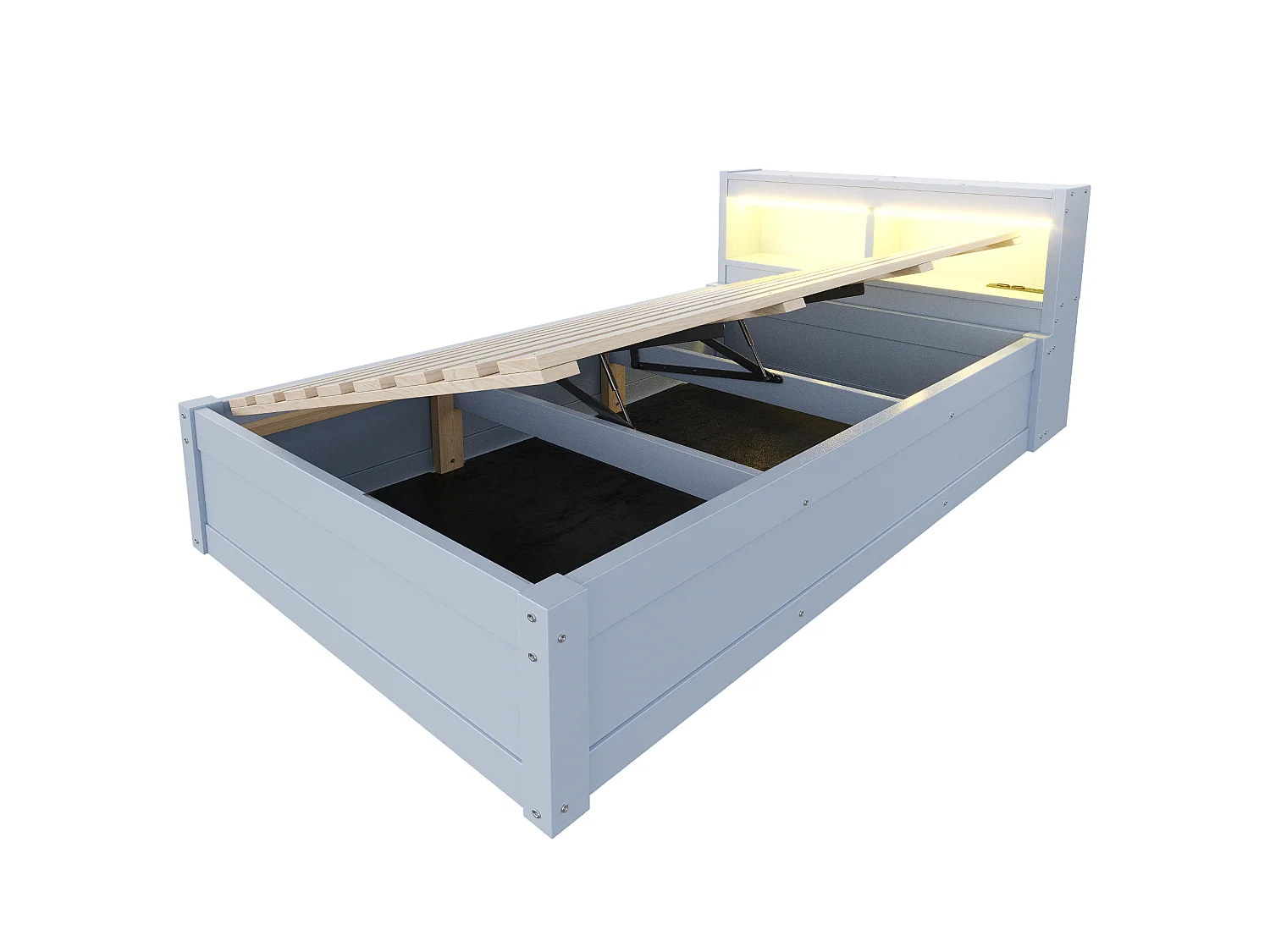 Canapé-lit avec coffre hydraulique - 90 x 200 cm - avec prise + tête de lit de rangement + Leds - bois - gris