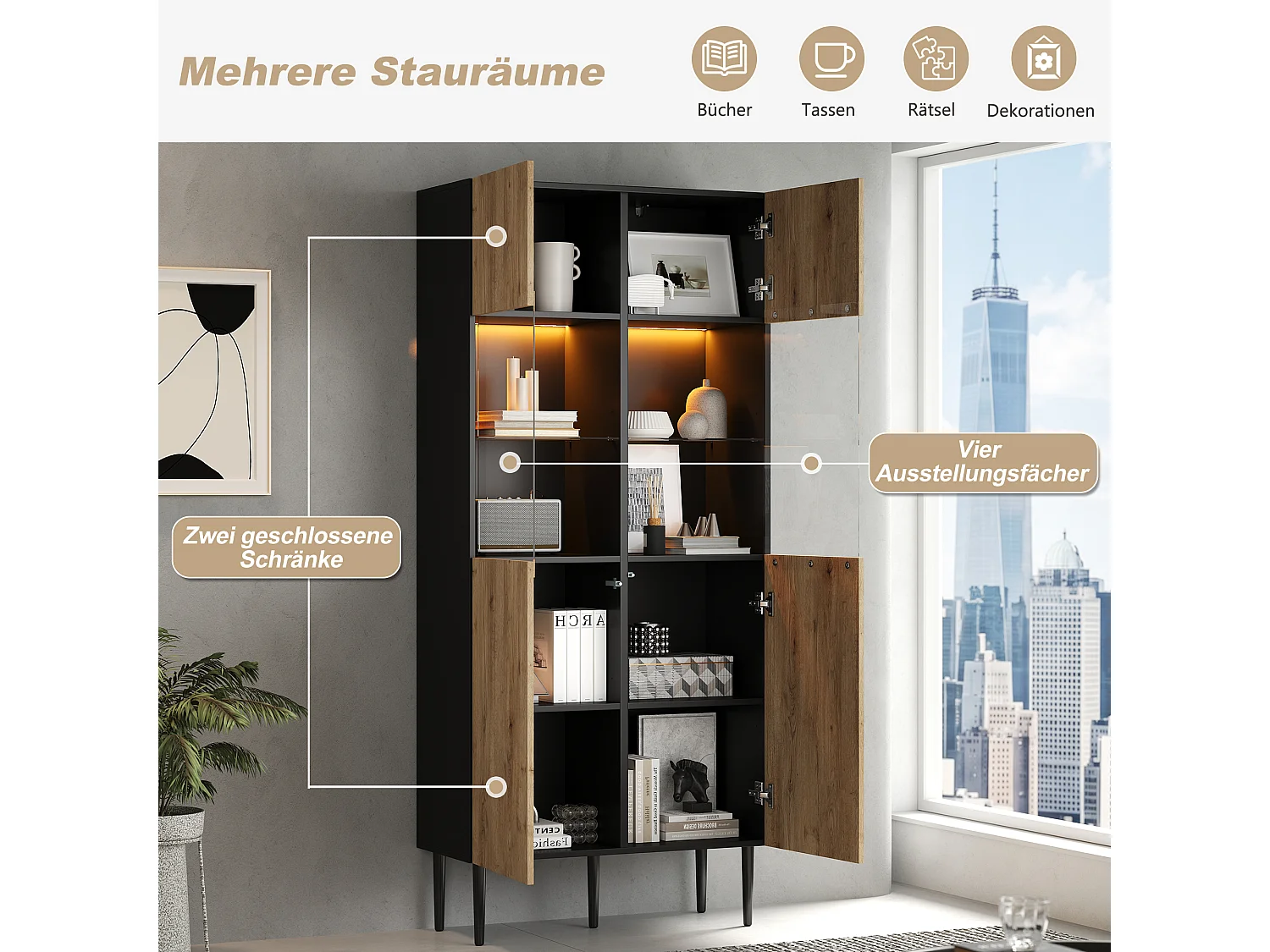 Buffet haute moderne pour salon - 80 x 35 x 180 cm - avec 10 rangements + portes vitrées + Leds - MDF - naturel + noir