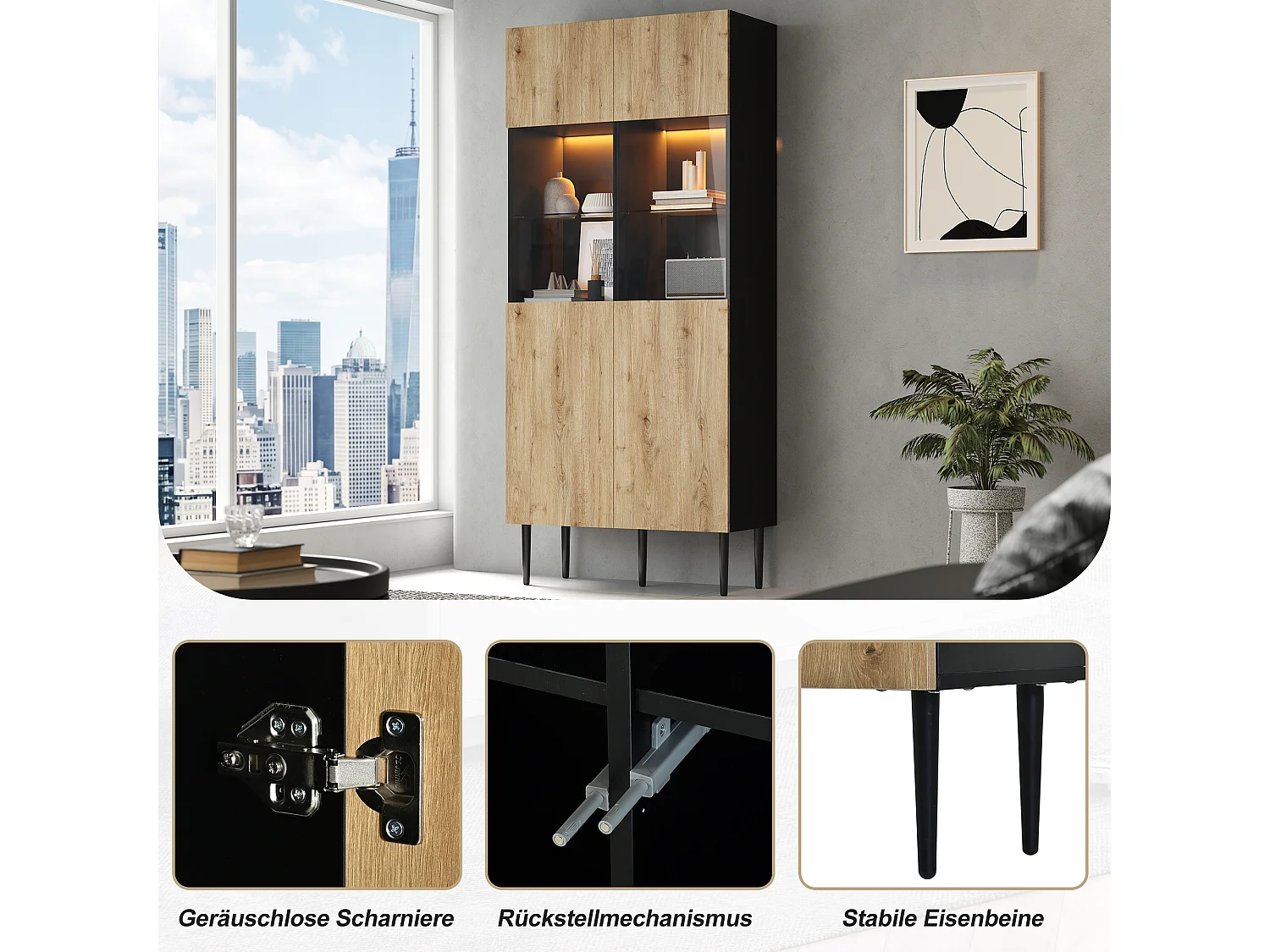 Buffet haute moderne pour salon - 80 x 35 x 180 cm - avec 10 rangements + portes vitrées + Leds - MDF - naturel + noir