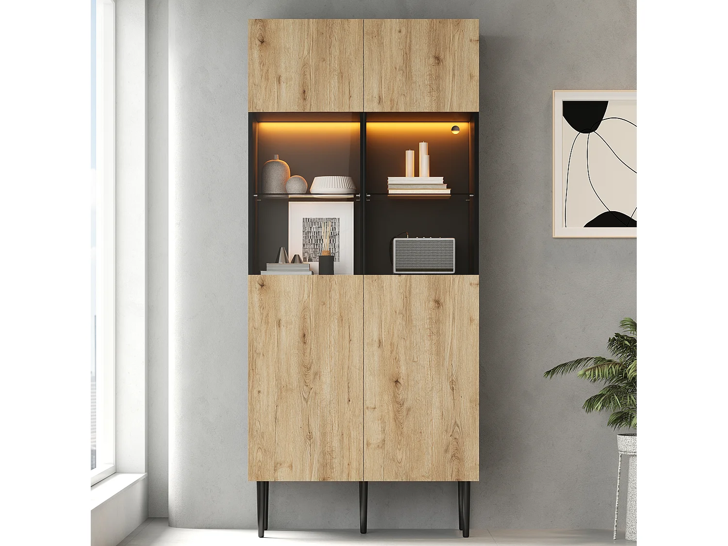 Buffet haute moderne pour salon - 80 x 35 x 180 cm - avec 10 rangements + portes vitrées + Leds - MDF - naturel + noir