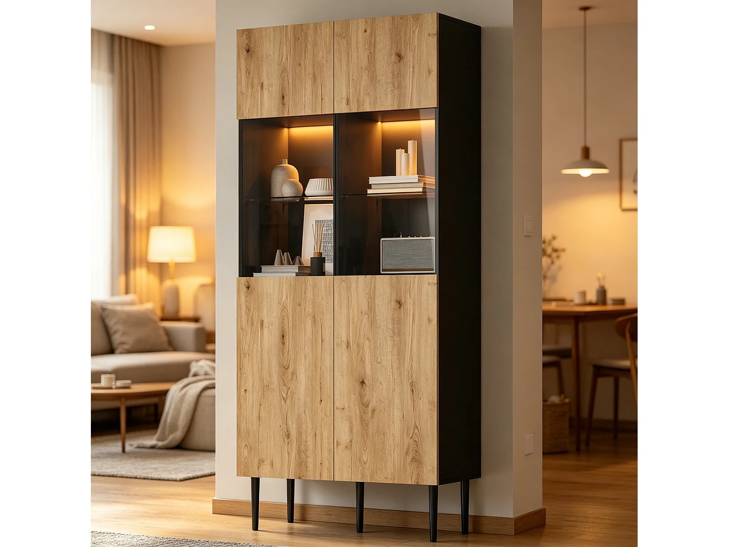 Buffet haute moderne pour salon - 80 x 35 x 180 cm - avec 10 rangements + portes vitrées + Leds - MDF - naturel + noir