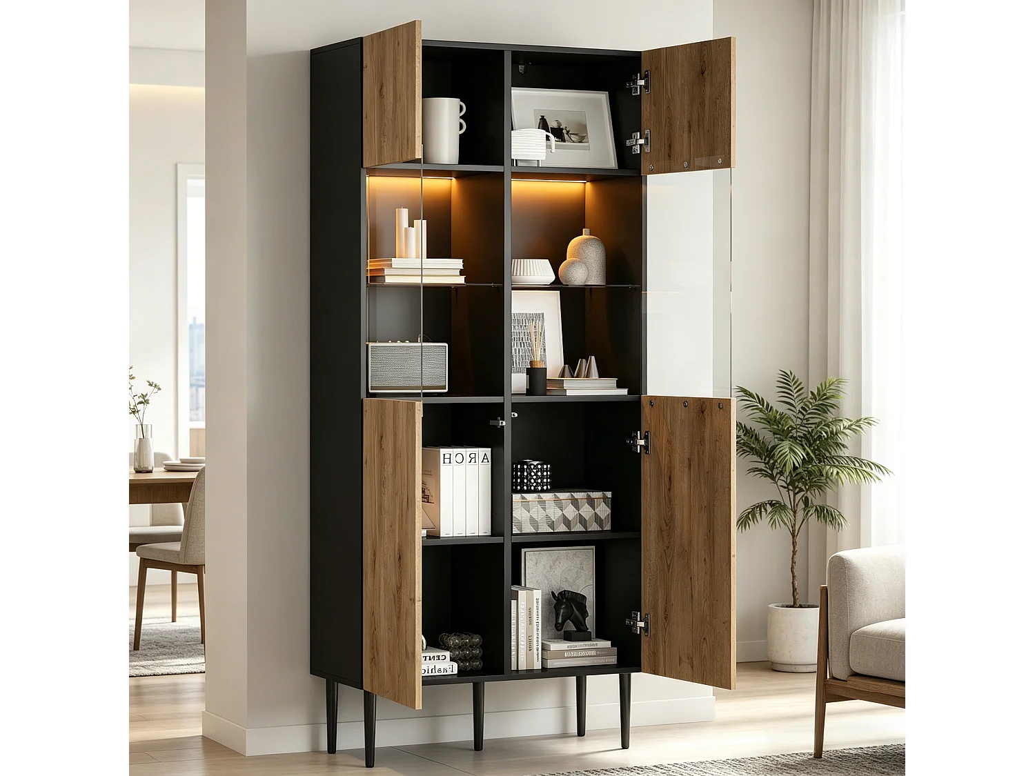 Buffet haute moderne pour salon - 80 x 35 x 180 cm - avec 10 rangements + portes vitrées + Leds - MDF - naturel + noir