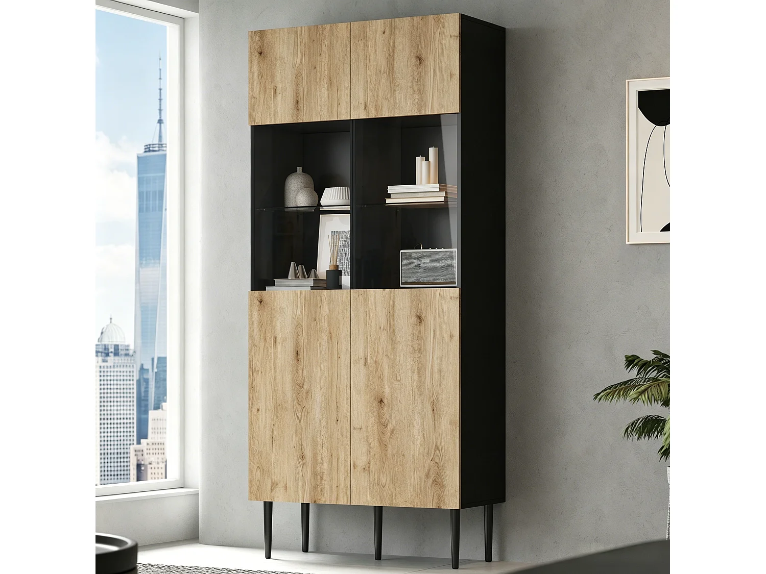 Buffet haute moderne pour salon - 80 x 35 x 180 cm - avec 10 rangements + portes vitrées + Leds - MDF - naturel + noir
