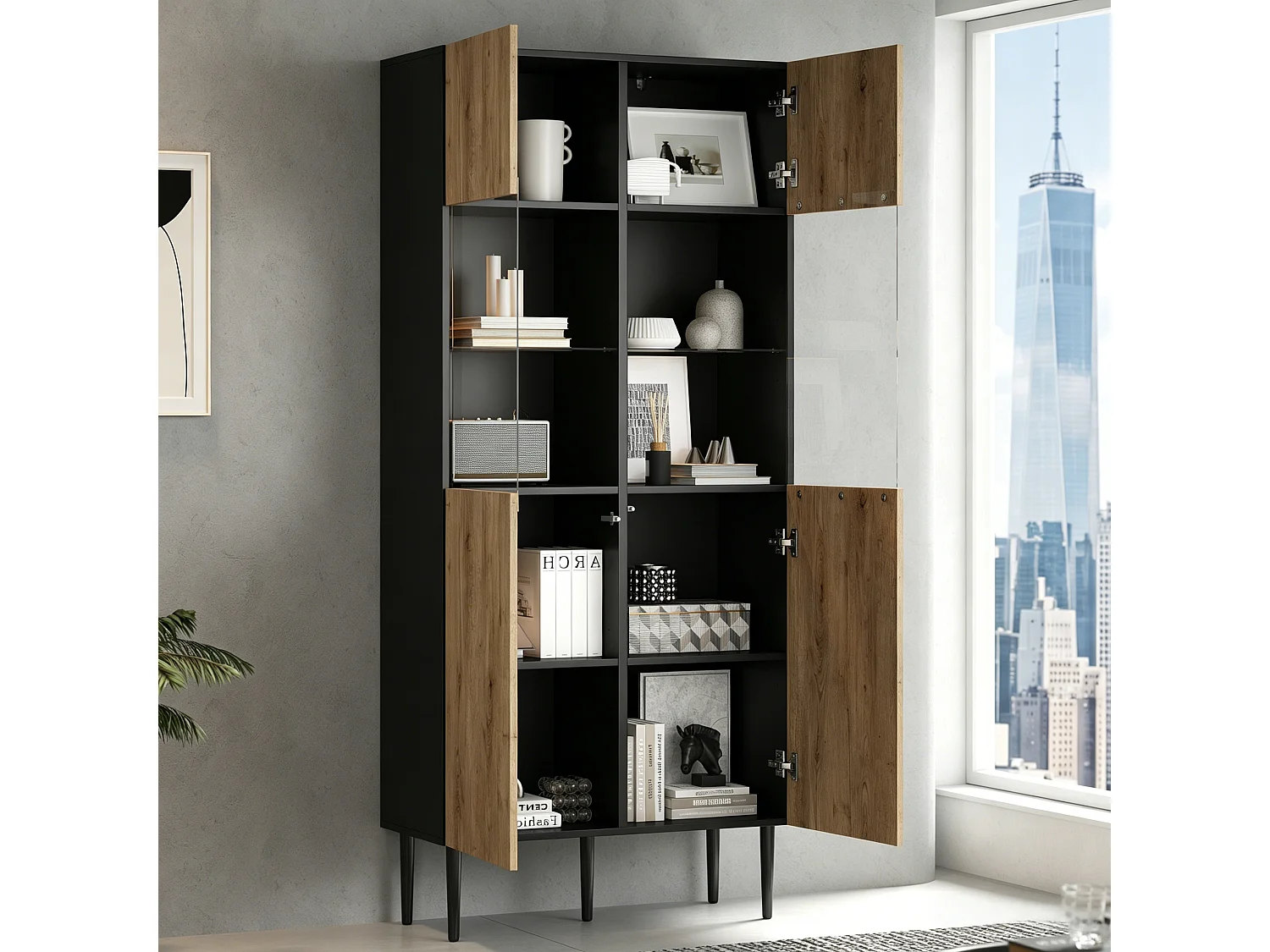 Buffet haute moderne pour salon - 80 x 35 x 180 cm - avec 10 rangements + portes vitrées + Leds - MDF - naturel + noir