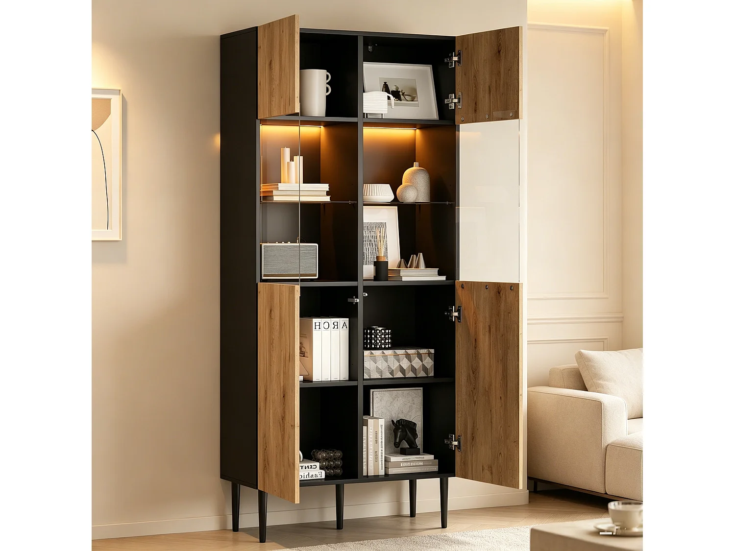 Buffet haute moderne pour salon - 80 x 35 x 180 cm - avec 10 rangements + portes vitrées + Leds - MDF - naturel + noir