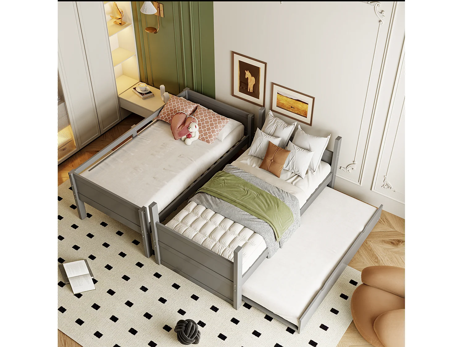Lit superposé enfant 3 places - 90 x 200 cm - avec lit gigogne - convertible en lit simple - bois - gris