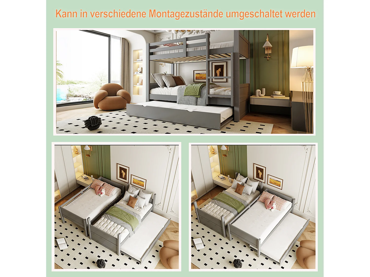 Lit superposé enfant 3 places - 90 x 200 cm - avec lit gigogne - convertible en lit simple - bois - gris