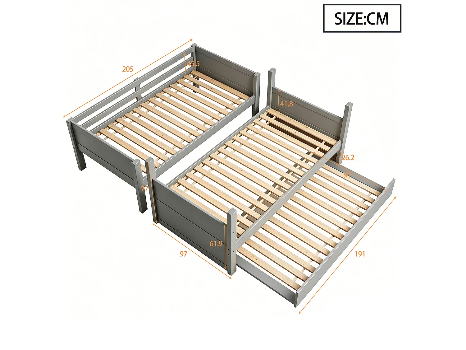 Lit superposé enfant 3 places - 90 x 200 cm - avec lit gigogne - convertible en lit simple - bois - gris